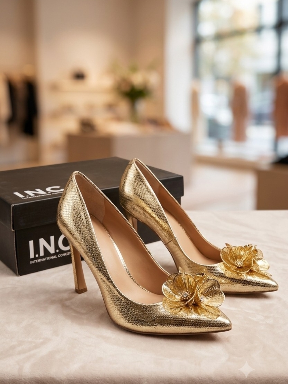 INC International Concepts Gold Metallic Floral Pointed-Toe Pumps